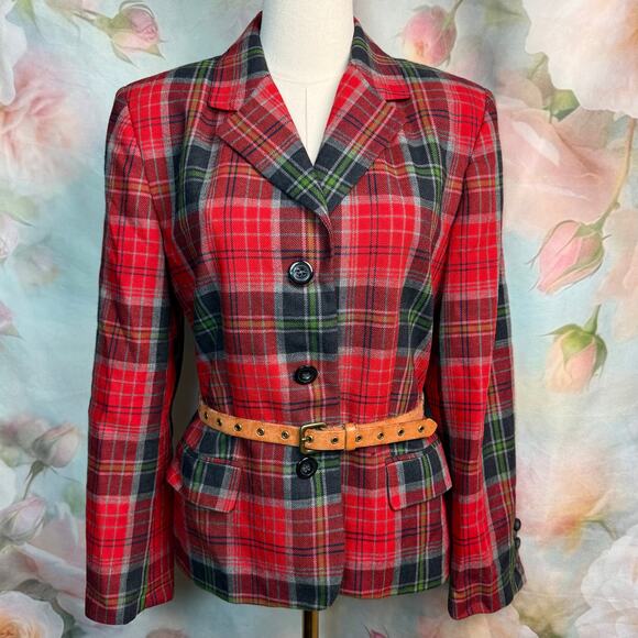 Vintage Rafaella Red Tartan Plaid Worsted Wool Blazer & Leather Linea Pelle Belt - Picture 1 of 9